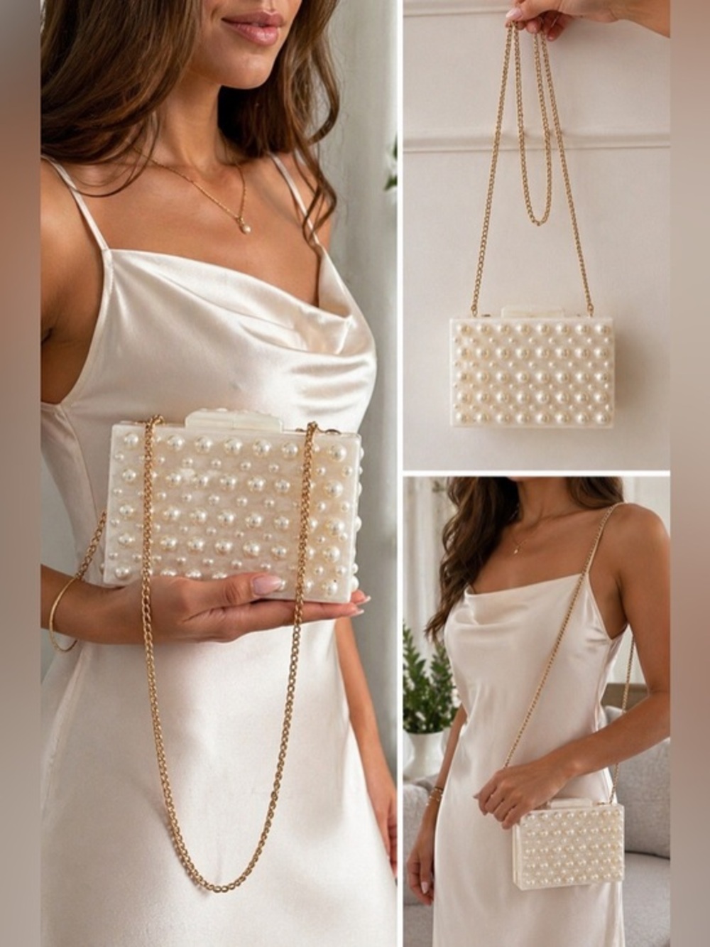 Zara Pearl Acrylic Box Clutch White Bridal Evening Bag Chain NWT